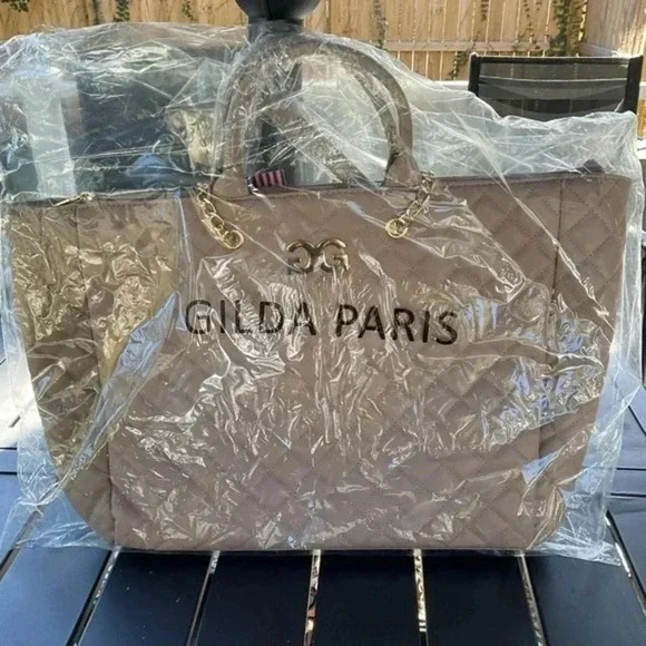 Gilda Paris Quilted Weekender Bag Taupe w/ Black Accents BNWT